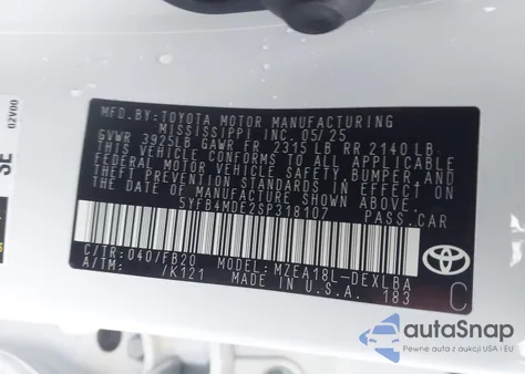 2025 Toyota Corolla Le из США, поврежденный, VIN 5YFB4MDE2SP318107